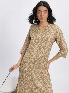 Anouk Floral Print V-Neck Calf Length Straight Kurta