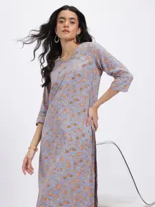 Anouk Floral Print V-Neck Calf Length Straight Kurta