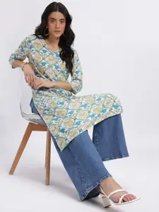 Anouk Floral Print V-Neck Calf Length Straight Kurta