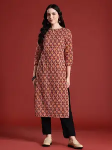 Anouk Ethnic Motifs Print Pure Cotton Keyhole Neck Kurta