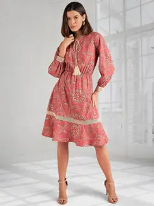 DressBerry Women Bohemian Printed Tie-Up Neck Crepe Fit & Flare Dress