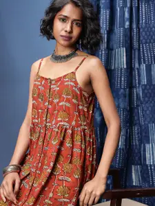 Taavi Indie Floral Print Shoulder Straps Gathers A-Line Block Print Legacy Ethnic Dress