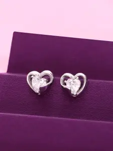 KAI JEWEL 92.5 Sterling Silver Rhodium-Plated CZ-Studded Heart Shaped Minimalistic Studs
