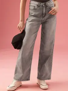 DressBerry Women Wide Leg High-Rise Heavy Fade Stretchable Jeans