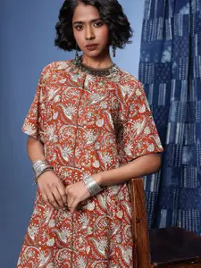Taavi Block Print Legacy Pure Cotton Ethnic Motifs Printed A-Line Slit Midi Ethnic Dress
