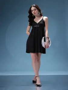 bebe Future Glam Brand Logo Embellished Ribbed Shoulder Straps Wrap Party Empire Dress