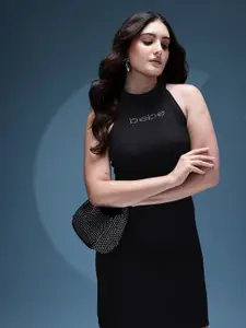 bebe Season Staples Ribbed Halter Neck Tie-Up Detail Shift Dress with Embellishments