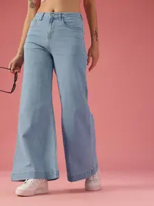 DressBerry Women Wide Leg Mid-Rise Light Fade Stretchable Jeans