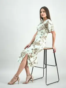 PowerSutra White & Beige Elegant Floral Print Round-Neck Midi Dress In Linen Blend