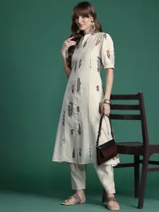 Indo Era Floral Printed Mandarin Collar Puff Sleeve Kurta