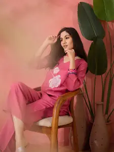 Sangria Floral Embroidery Top With Trousers Co-Ords