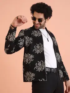 KISAH Men Floral Embroidered Spread Collar Bomber Jacket