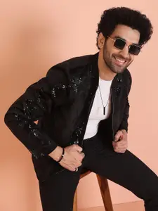 KISAH Men Spread Collar Solid Ethnic Bomber Jacket