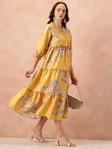 all about you Floral Printed Ruffled Detail Tiered Wrap-Style Midi Fit & Flare Dress