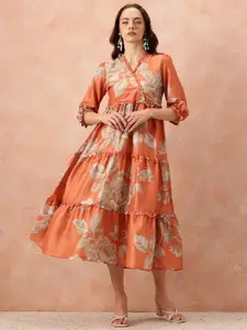 all about you Floral Printed Ruffled Detail Tiered Wrap-Style Midi Fit & Flare Dress