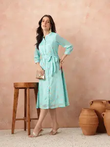 all about you Printed Belted Satin Finish Ethnic Shirt Midi Dress