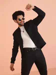 KISAH Men Stand Collar Woven Design Ethnic Motifs Bomber Jacket