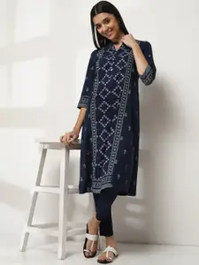 Rangriti Floral Woven Design Mandarin Collar Cotton Straight Kurta