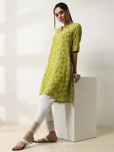 Rangriti Floral Printed Mandarin Collar Cotton Straight Kurta
