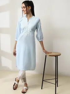 Rangriti Floral Yoke Design Mandarin Collar Puff Sleeves Cotton Straight Kurta