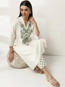 Rangriti Floral Printed Mandarin Collar Cotton Straight Kurta