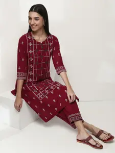 Rangriti Floral Woven Design Keyhole Neck Cotton Straight Kurta