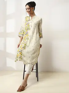 Rangriti Floral Printed Mandarin Collar Flared Sleeves Straight Kurta