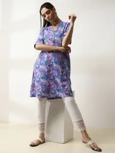 Rangriti Floral Printed Mandarin Collar Cotton Straight Kurta