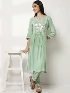 Rangriti Floral Yoke Design Pleated Notch-Neck A-Line Kurta