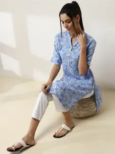 Rangriti Floral Printed Mandarin Collar Cotton Straight Kurta