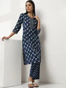 Rangriti Floral Printed Round Neck Cotton Straight Kurta