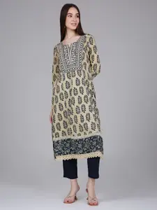 Saffron Threads Floral Printed Embroidered Pure Cotton Straight Kurta