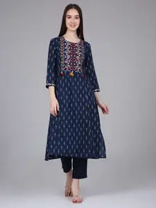 Saffron Threads Ethnic Motifs Printed Thread Work Pure Cotton Straight Kurtas