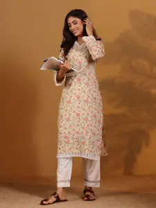 Varanga Floral Printed V-Neck Pure Cotton Straight Kurta