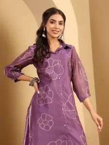 Varanga Floral Printed Cuff Sleeves Shirt Collar Chanderi Silk Straight Kurta