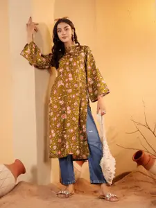 Varanga Floral Printed Mandarin Collar Flared Sleeves Straight Kurta