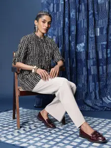 Taavi Geometric Printed Pleated Pure Cotton Longline A-Line Top