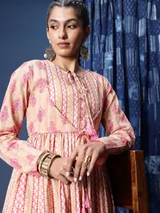 Taavi Floral Block Printed Printed Pure Cotton Kurta with Tie Up Details