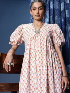 Taavi Floral Printed Puff Sleeve Pure Cotton Empire Midi Dress