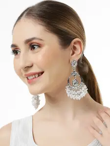 OOMPH Silver-Plated Artificial Pearls Beaded Contemporary Drop Earrings