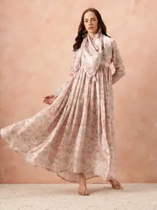 all about you Ethnic Motifs Printed Satin-Finish Festive Maxi Empire Dress with Scarf