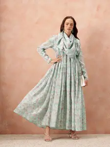 all about you Ethnic Motifs Printed Satin-Finish Festive Maxi Empire Dress with Scarf