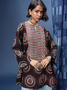 Taavi Ajrakh Geometric Printed Pure Cotton A-Line Kurti