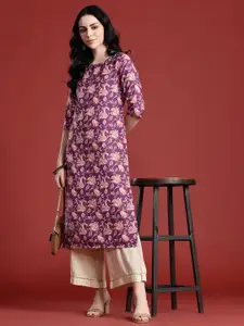 Anouk Floral Printed Boat Neck Straight Kurta