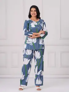 Pingaksh Printed Pure Cotton Sweetheart Neck Top & Trouser Co ard Set
