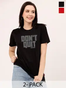 Leotude Women Pack Of 2 Quilted Designed Typographic Round Neck Cotton T-shirts