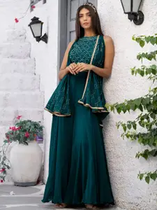 SANCIA Geometric Embroidered Halter Neck Sequinned Crop Top With Palazzos & Dupatta