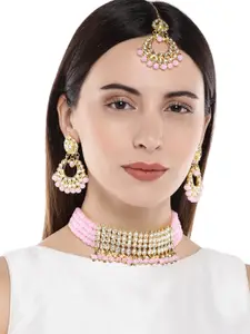 Anouk Gold-Plated And Pink Kundan Studded & Beaded Necklace & Earrings With Maang Tikka