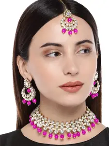 Anouk Gold-Plated And Pink Kundan Studded & Beaded Necklace With Earrings And Maang Tikka