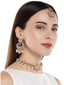 Anouk Gold-Plated And Pink Stone Studded And Beaded Necklace And Earrings